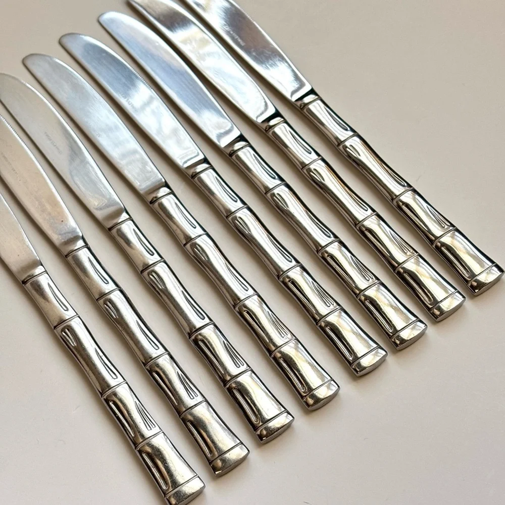 Vintage Korea Bamboo Pattern Stainless Steel Flatware‎ Knives 8 Piece Cutlery